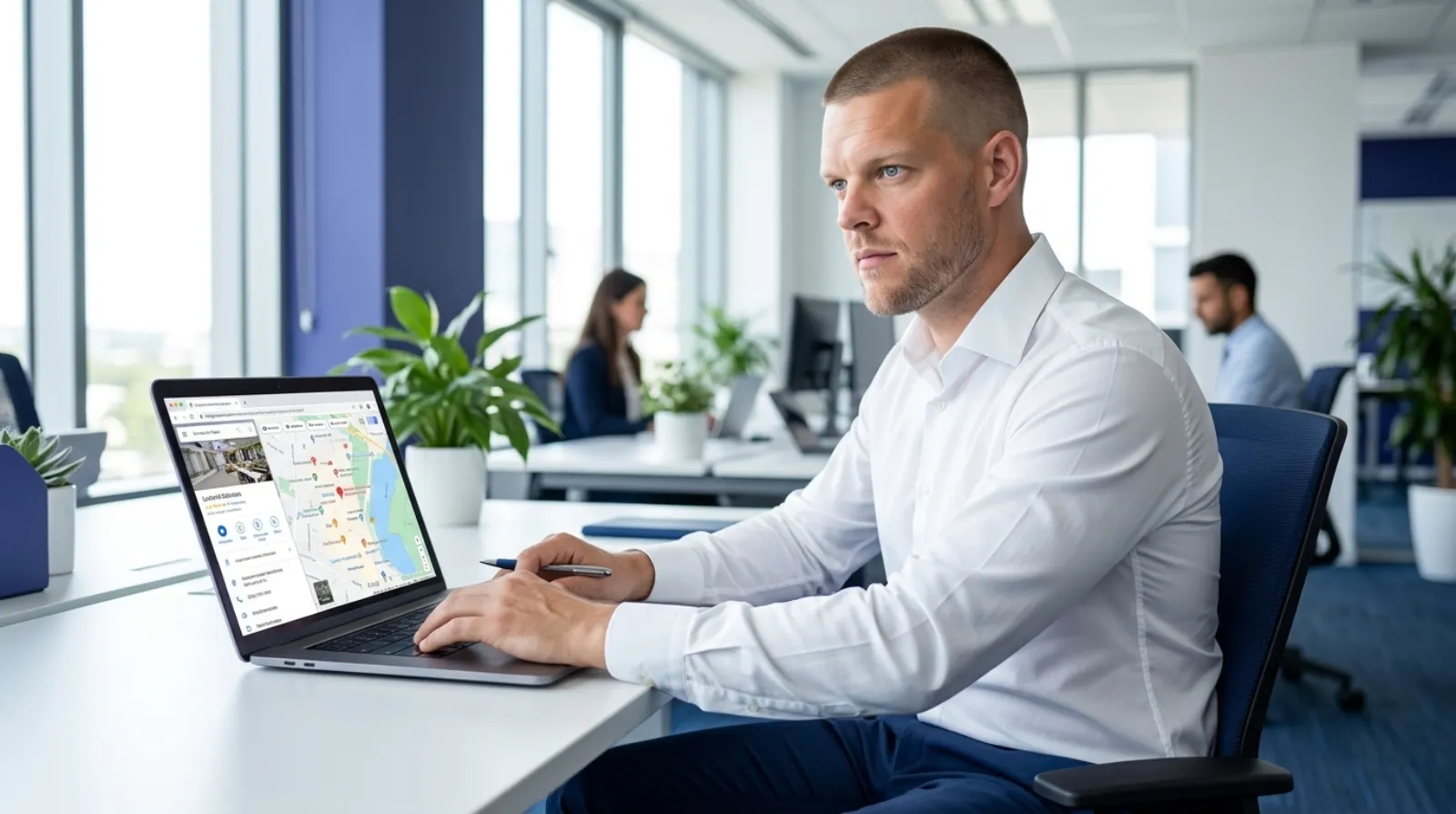 A broad-shouldered insurance agency founder with closely buzzed short hair and light stubble sits at a bright office desk reviewing a laptop screen that shows a Google Maps local search panel with pinned business locations, colleagues working in the softly blurred background, representing an agency owner checking his own Google Business Profile visibility