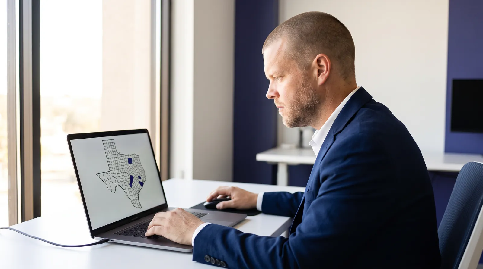 An insurance agency founder with closely buzzed short hair and light stubble sits at a bright office desk studying a county map of Texas on a laptop screen with data points marking different counties, one hand on the mouse, representing an agency owner reviewing which counties his agency should build location pages for