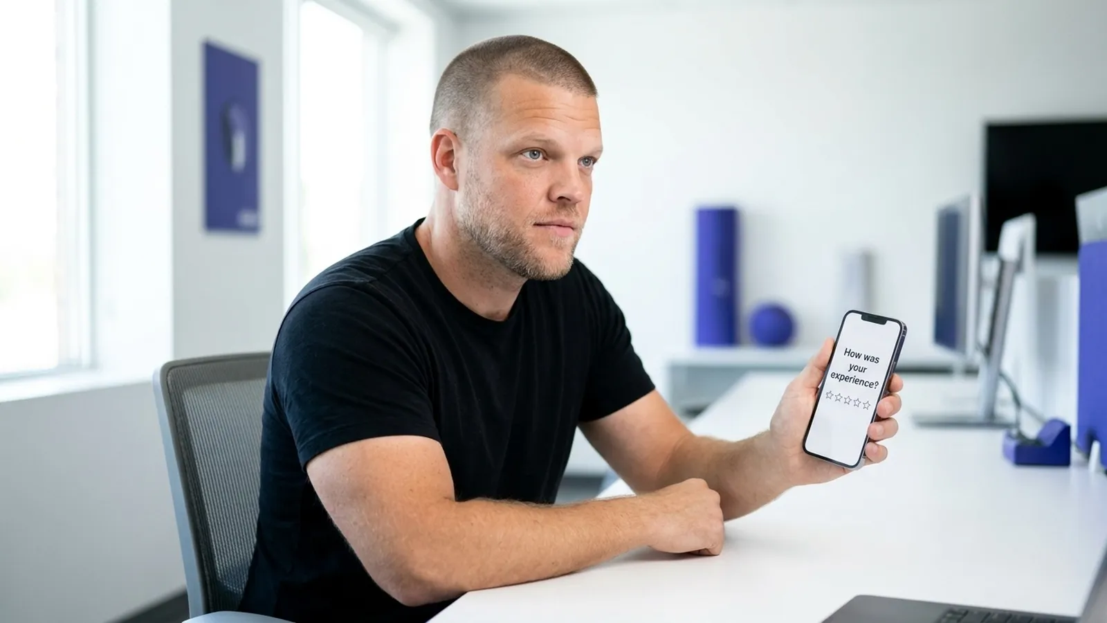Mike Moore, founder of Strategic AI Architects, looking at a phone showing a post-policy review request text with a five-star rating scale, representing an insurance agency's automated review funnel