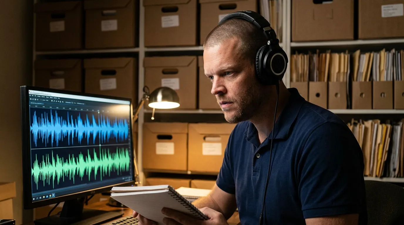 Mike Moore in headphones listening to a recorded sales call, audio waveforms on screen and archive boxes behind him
