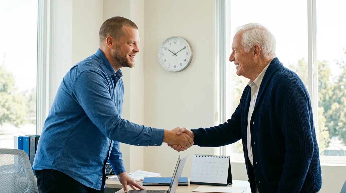 Mike Moore shaking hands with a senior client arriving at his office, with a wall clock and desk calendar in view