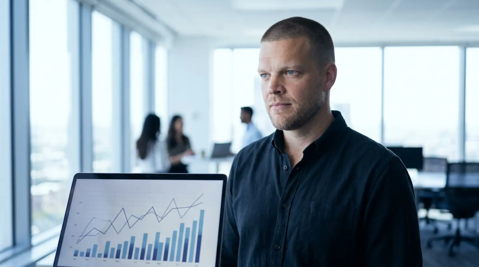 Mike Moore, founder of Strategic AI Architects, reviewing an analytics dashboard on a laptop in a bright modern office, representing an insurance agency owner checking how their site is actually performing in search