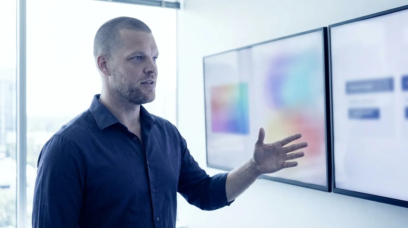 Mike Moore, founder of Strategic AI Architects, at his desk pointing at a laptop screen showing an English insurance web page next to its separate Spanish language version