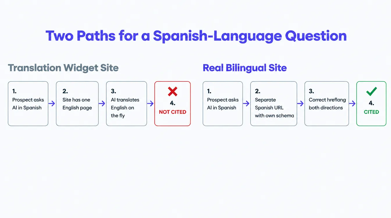 Infographic titled Two Paths for a Spanish Language Question, showing a Spanish speaking prospect asking an AI assistant about ACA subsidies. The left path, labeled Translation widget site, leads through a single English page rendered on the fly to a red X outcome labeled Not cited, AI translates an English competitor page instead. The right path, labeled Real bilingual site, leads through a separate Spanish URL with its own schema and hreflang to a green checkmark outcome labeled Cited, AI names the agency in Spanish.