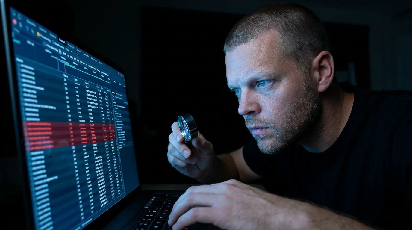 Mike Moore inspecting a laptop network panel with a magnifying lens, several tracking requests highlighted in red