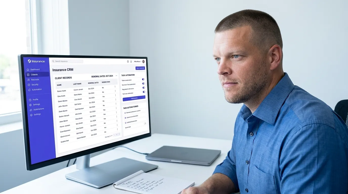 Mike Moore, founder of Strategic AI Architects, reviewing insurance agency CRM records at a desk beside a laptop showing an automated workflow dashboard
