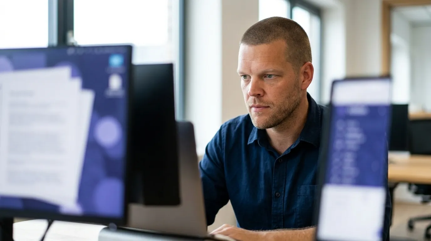 Mike Moore, founder of Strategic AI Architects, at a desk reviewing a virtual assistant vendor contract on a laptop next to a CRM screen showing a client record with a health plan detail field