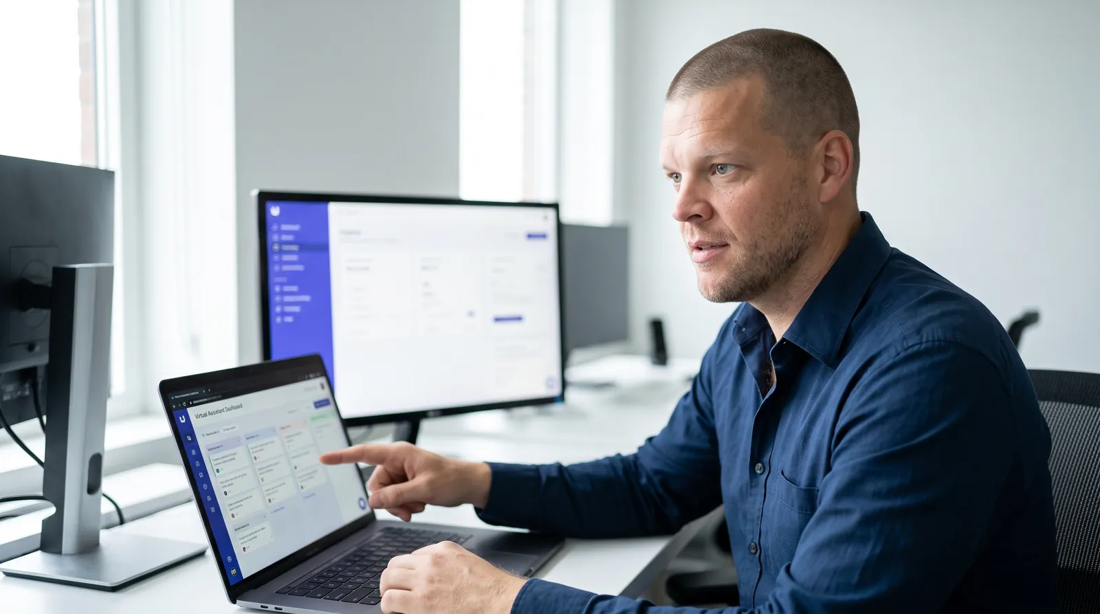 Mike Moore, founder of Strategic AI Architects, at a desk reviewing an insurance agency virtual assistant task board on a laptop, with a CRM pipeline visible on a second monitor