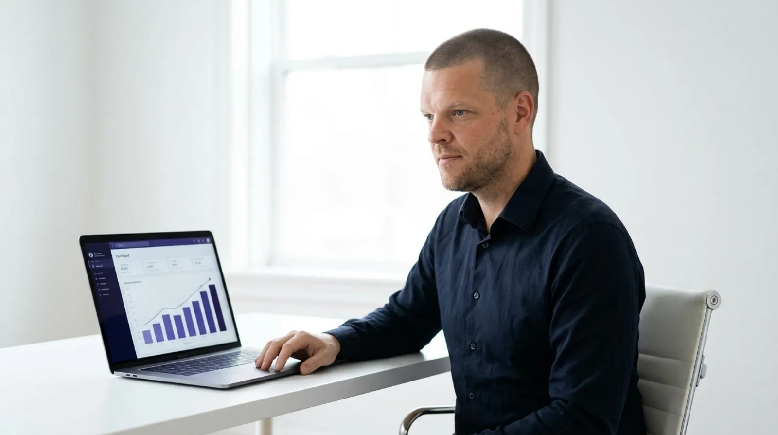 Insurance agency operator with closely buzzed short hair, light stubble, and light eyes sits at a bright office desk looking at a laptop screen displaying a rising bar chart dashboard, representing a voice AI bill climbing every month