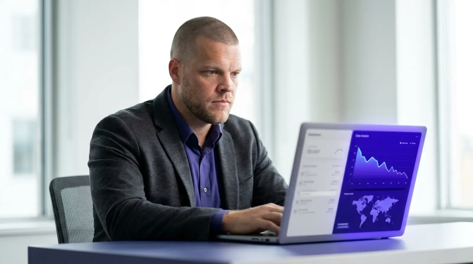 Mike Moore, founder of Strategic AI Architects, at a desk looking at a laptop screen showing a dim faded data panel next to a bright indigo live data panel with a declining line chart and a world map, representing stale site data versus live current data