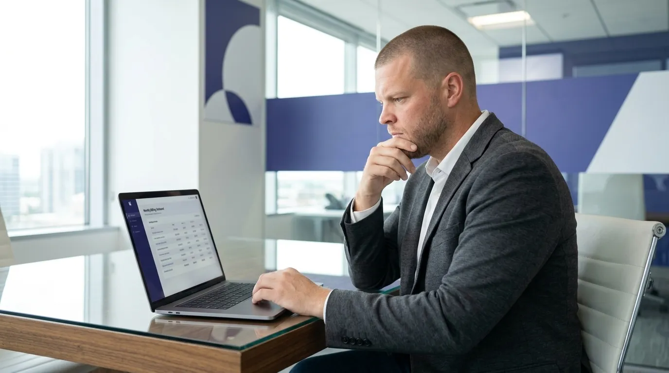 An insurance agency founder with closely buzzed short hair and light stubble sits at a bright office desk looking at a laptop screen showing a stacked monthly billing dashboard, one hand near the keyboard, representing an agency owner adding up the real cost of the software behind the agency website