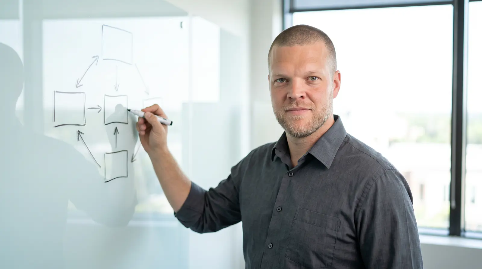 Mike Moore, founder of Strategic AI Architects, standing at a glass whiteboard in a bright modern office, sketching a page-architecture diagram of connected boxes and arrows representing a website's site map