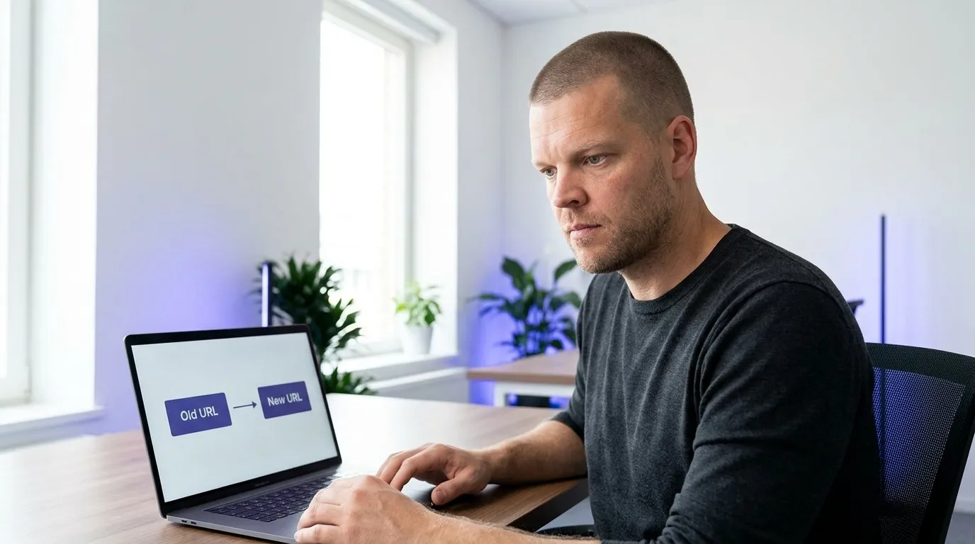 Mike Moore, founder of Strategic AI Architects, at his desk looking at a laptop screen showing a simple diagram with an Old URL box pointing to a New URL box, representing a website redirect