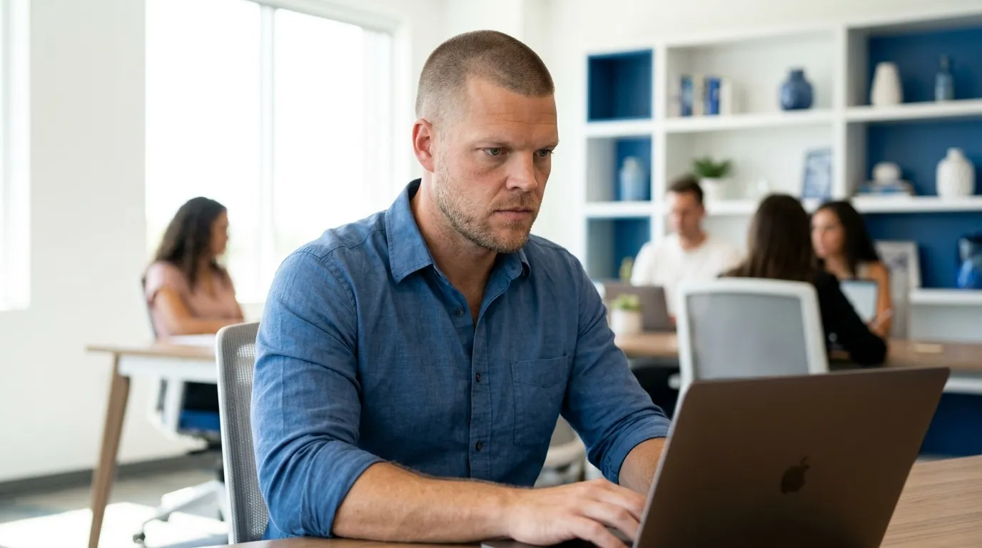 Mike Moore, founder of Strategic AI Architects, working focused at a laptop in a bright modern office