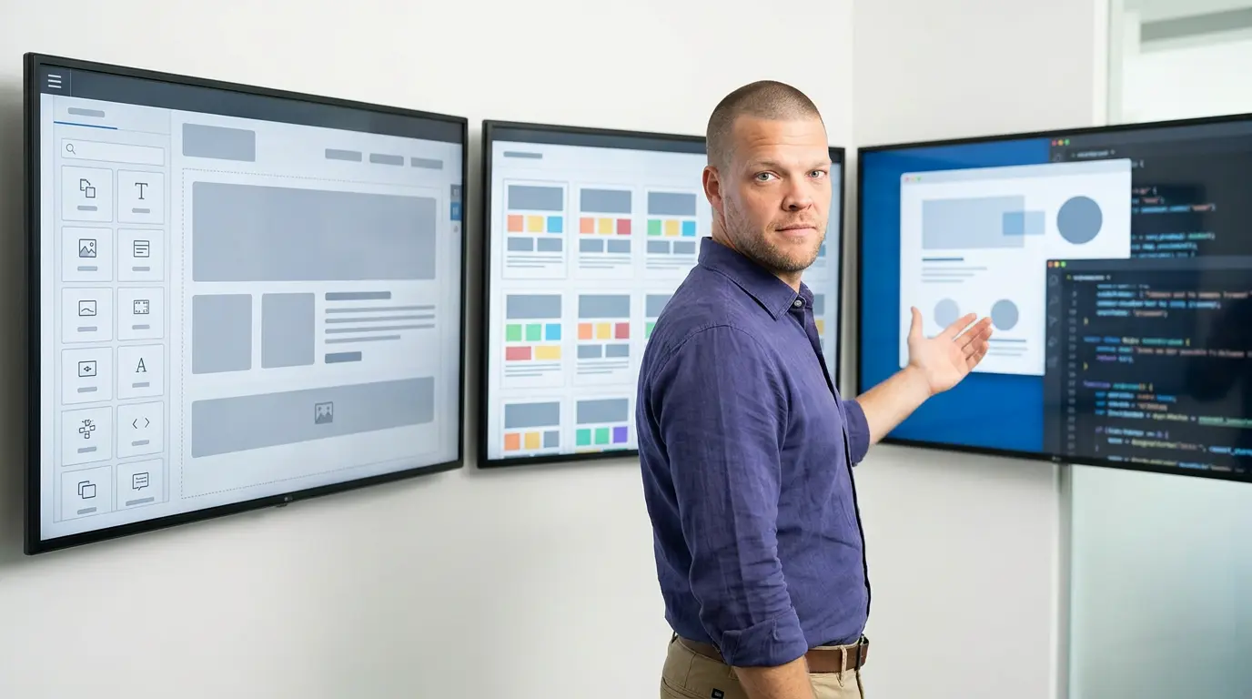 Mike Moore, founder of Strategic AI Architects, standing in front of three wall-mounted screens showing abstract mockups of a drag and drop website builder, a grid of template thumbnails, and a custom website with code, gesturing toward the custom build screen