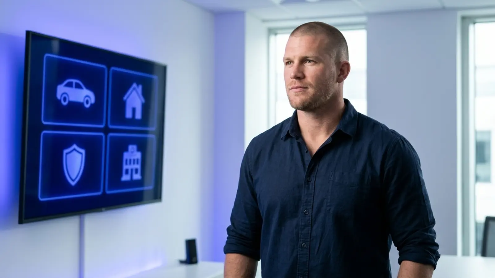 Mike Moore, founder of Strategic AI Architects, standing in a modern indigo lit office looking at a wall screen showing four separate organized tiles representing distinct insurance lines of business: auto, home, life, and commercial