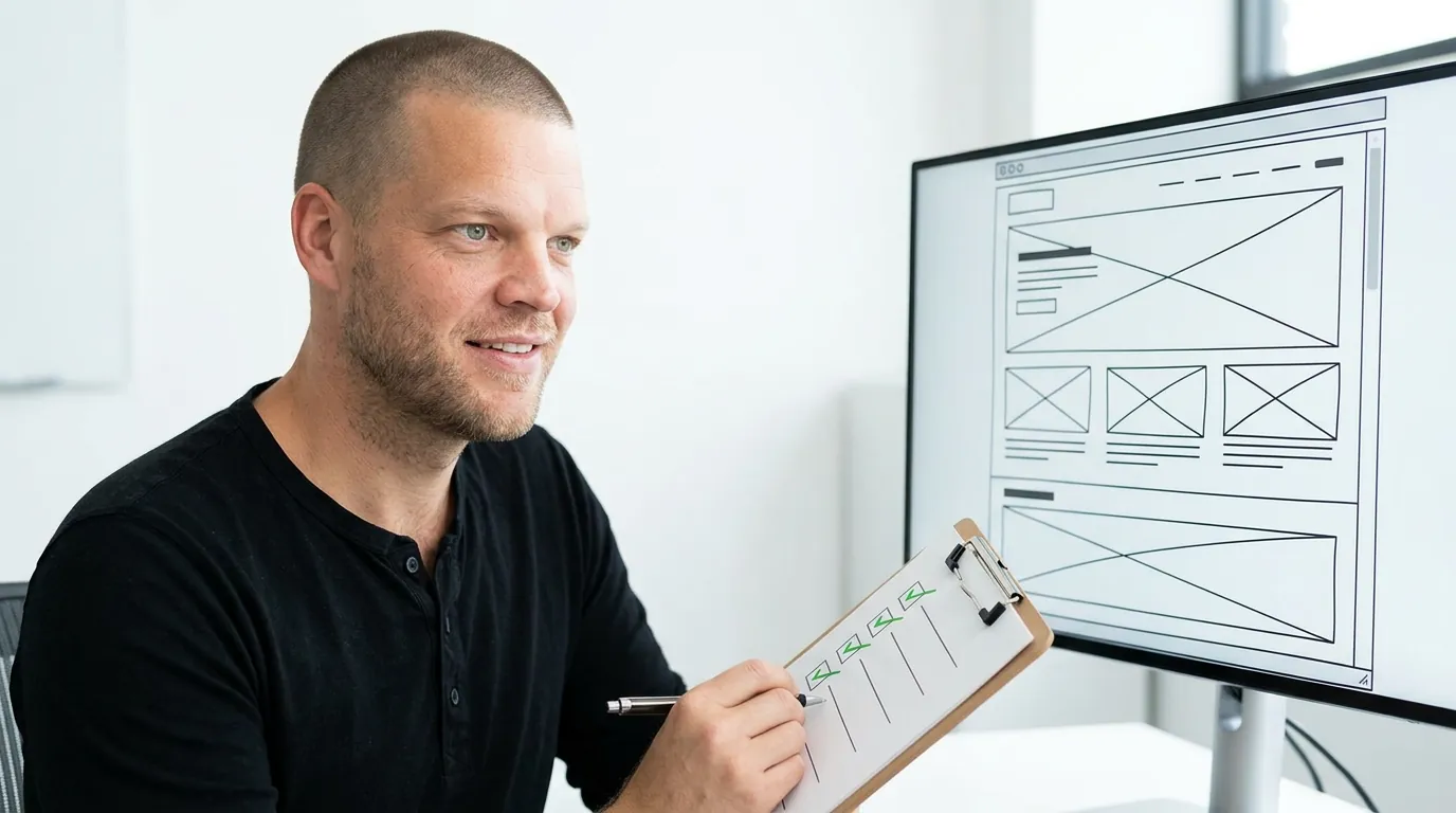 Mike Moore checking off a clipboard checklist beside a monitor showing a web page wireframe before launch