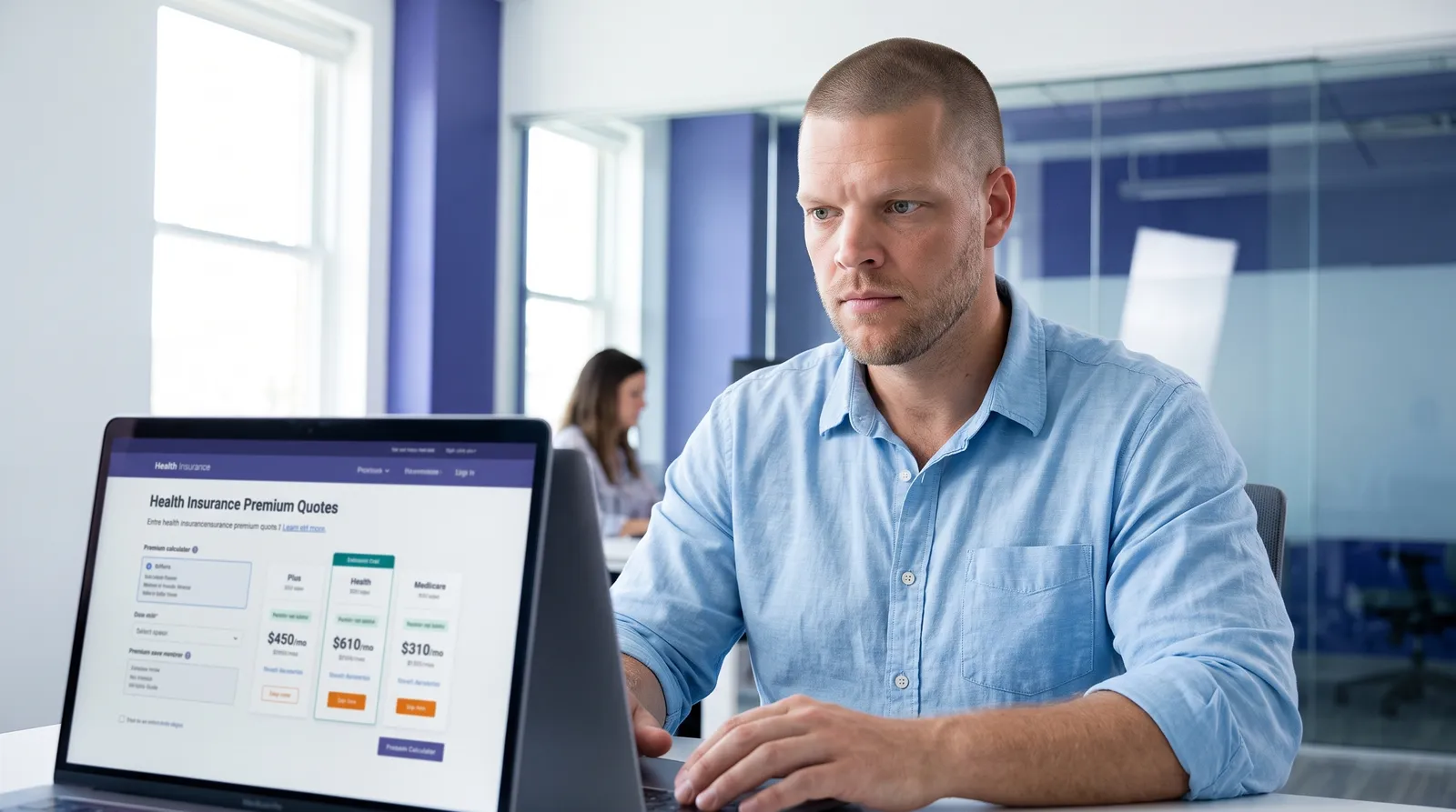 An insurance agency founder with closely buzzed short hair and light stubble sits at a bright office desk reviewing a subsidy quote calculator on a laptop screen showing a premium estimate, one hand on the mouse, representing an agency owner checking whether the calculator on his own website reflects the 2026 subsidy cliff