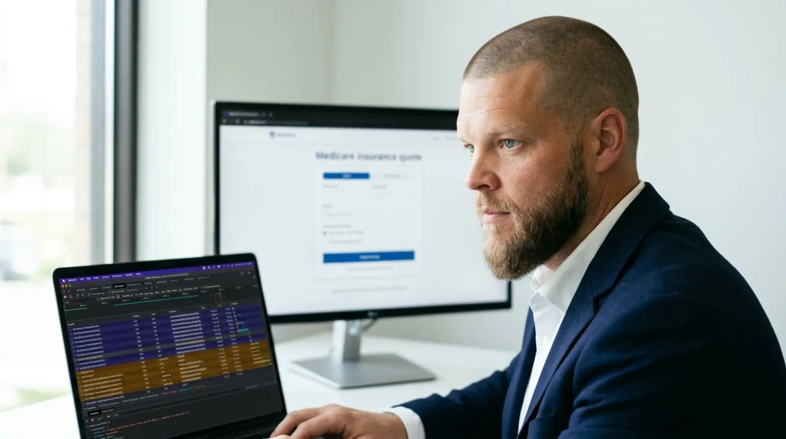 An insurance agency founder at a bright office desk examining a browser developer tools network panel showing tracking requests, with a webpage displaying a Medicare quote form on a second monitor