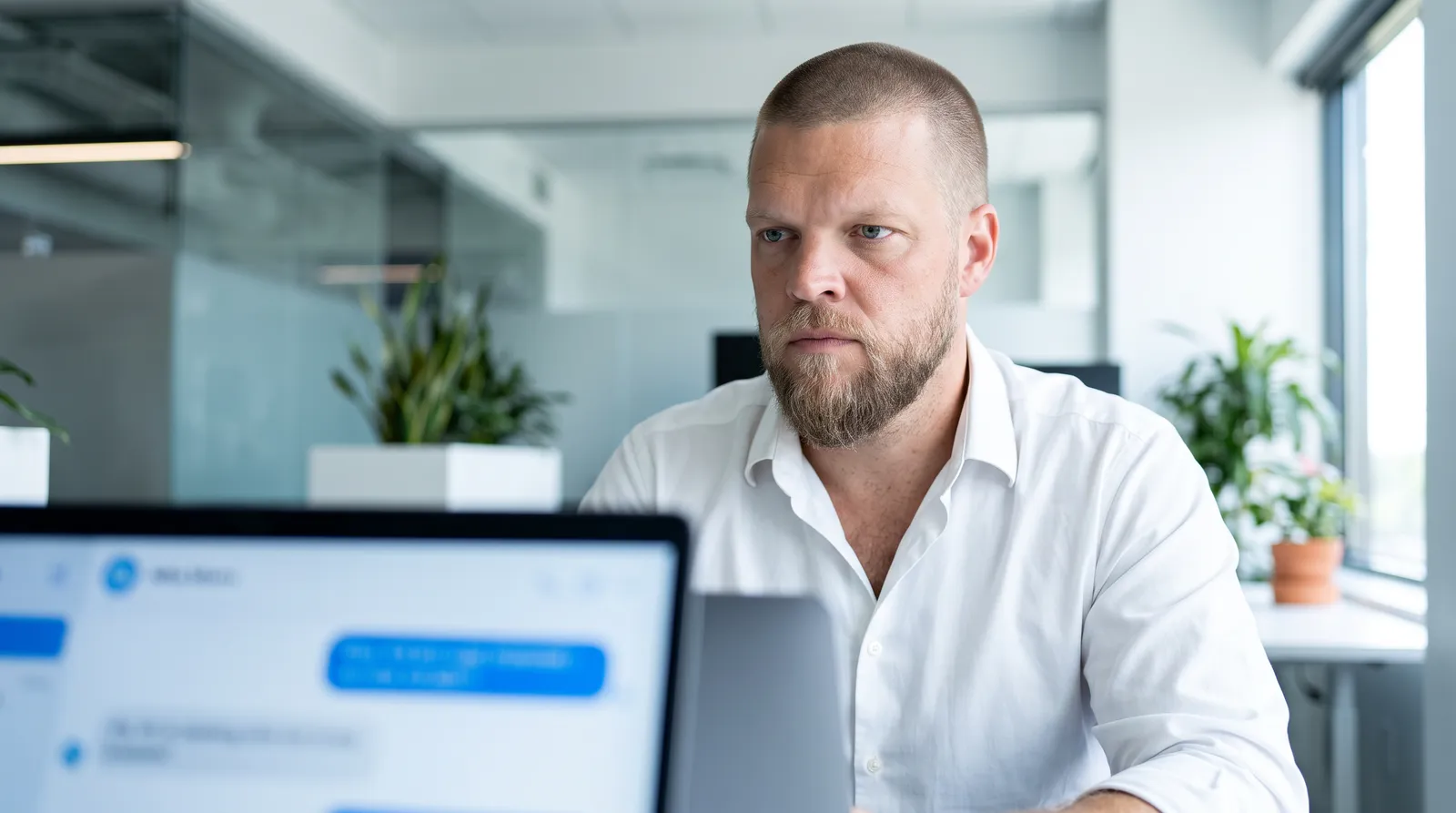 An insurance agency founder with closely buzzed short hair and light stubble sits at a bright office desk looking at a laptop screen showing a ChatGPT conversation with an insurance comparison app displaying quote cards, representing an agent discovering that a prospect can now shop for insurance entirely inside an AI chat window