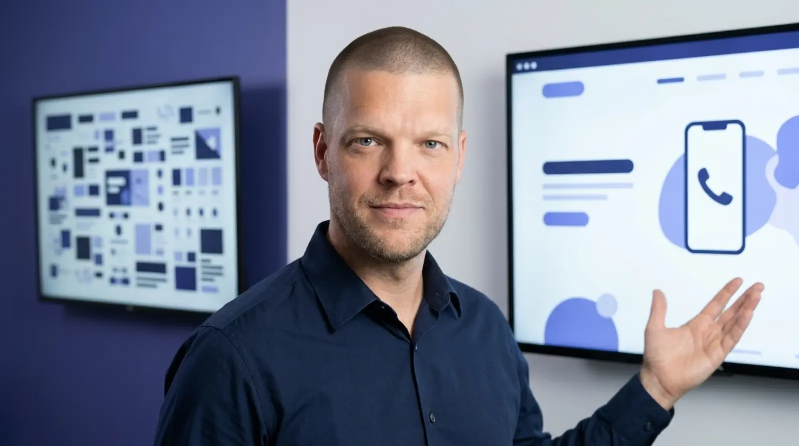 Mike Moore, founder of Strategic AI Architects, standing between two wall-mounted screens, gesturing toward one showing a simple abstract mockup with a large phone icon while the other screen behind him shows a busier, cluttered abstract mockup, illustrating a simplified page built for one buyer versus a generic page built for everyone