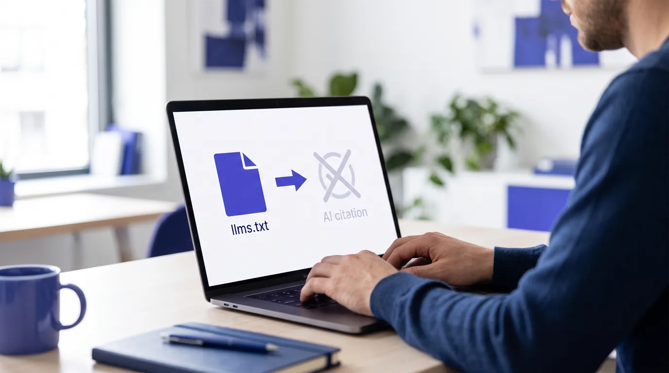 Mike Moore, founder of Strategic AI Architects, at his desk looking at a laptop screen showing a plain text file labeled llms.txt next to a crossed-out AI citation checkmark, representing the gap between the file and actual AI search results