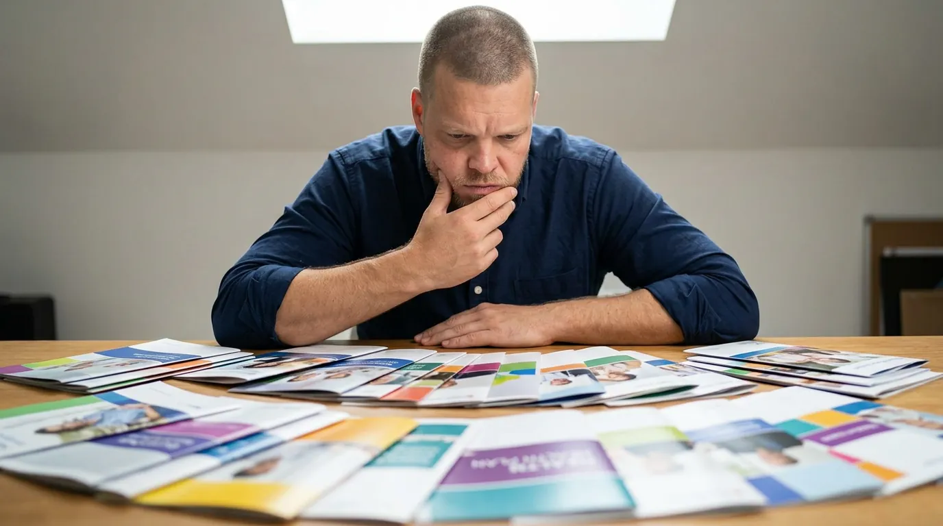 Mike Moore at a table covered with dozens of fanned-out Medicare plan brochures, weighing the choices