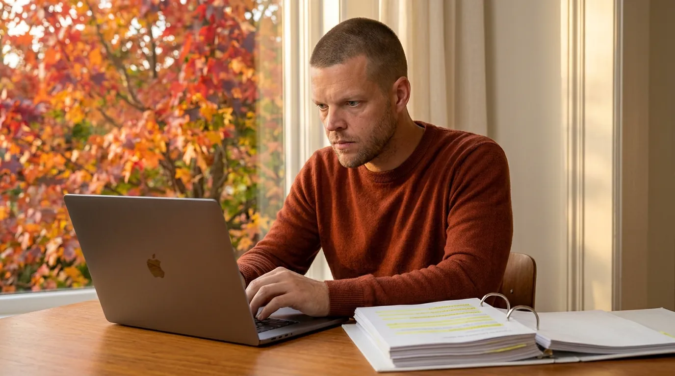 Mike Moore updating a website footer on a laptop next to an open regulation binder with highlighted lines