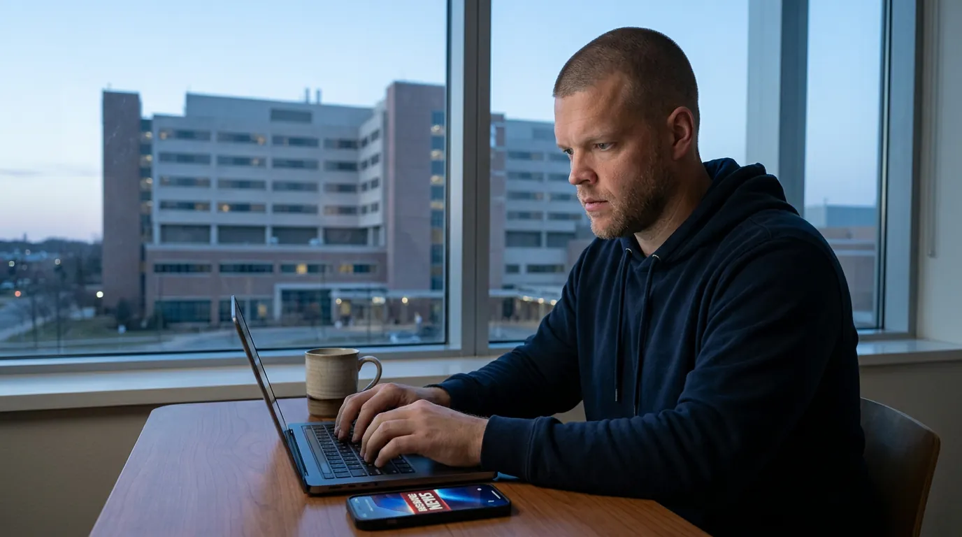 Mike Moore typing quickly at dawn by a window overlooking a hospital, a breaking news notification on his phone