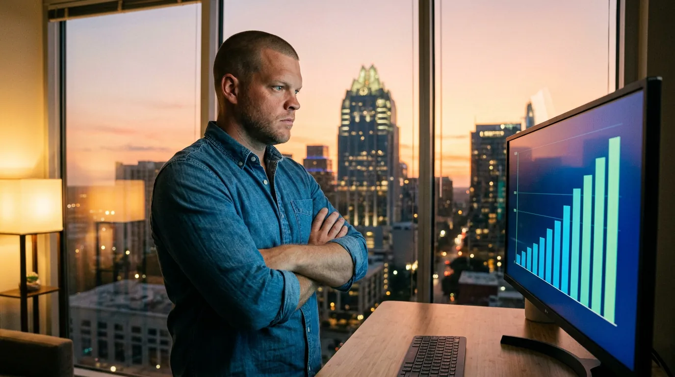 Mike Moore with arms crossed in an Austin office at dusk, looking at a rising bar chart on his monitor