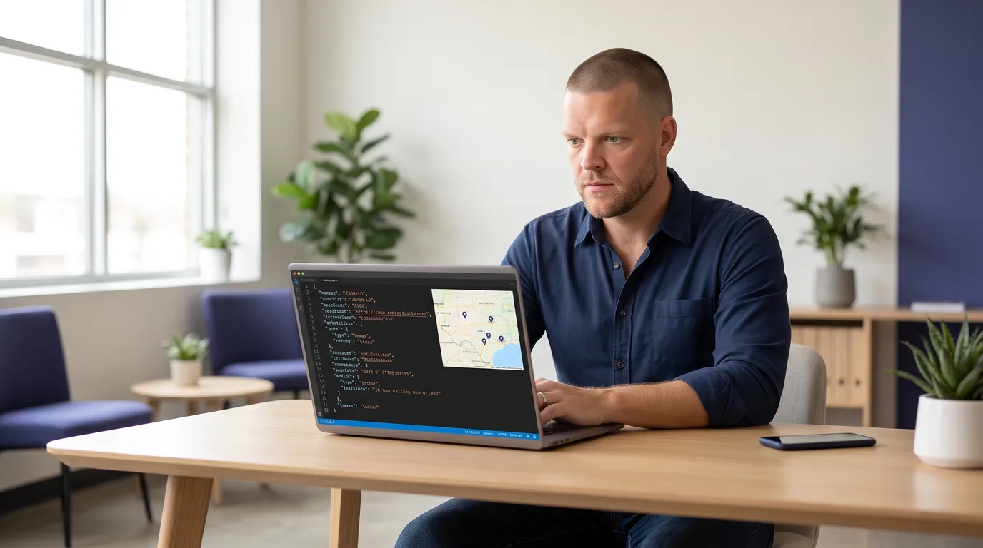 Mike Moore, founder of Strategic AI Architects, reviewing JSON-LD structured data code and a Texas map on a laptop at his desk