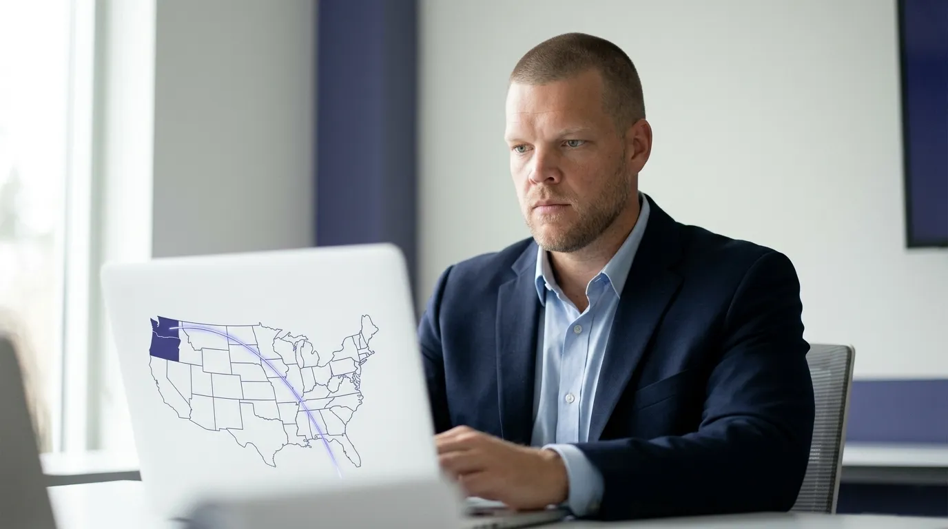 An insurance agency founder with closely buzzed short hair and light stubble sits at a bright office desk looking intently at a laptop screen. The laptop screen shows a simple outline map of the United States with Washington state highlighted in indigo and a glowing indigo arc line stretching from Washington across the map, representing a state privacy law reaching an agency in another state
