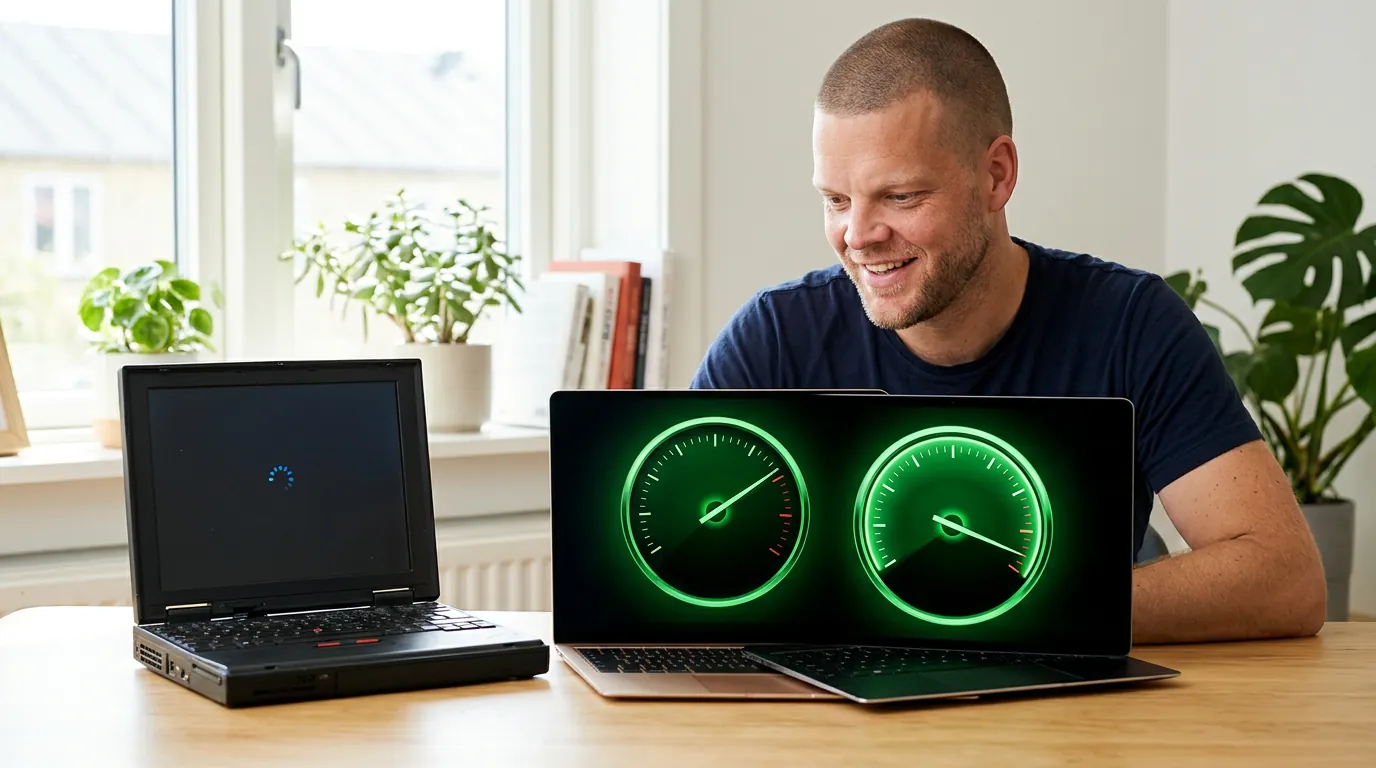 Mike Moore smiling at a fast laptop with maxed-out green speed gauges while an old laptop beside it is still loading