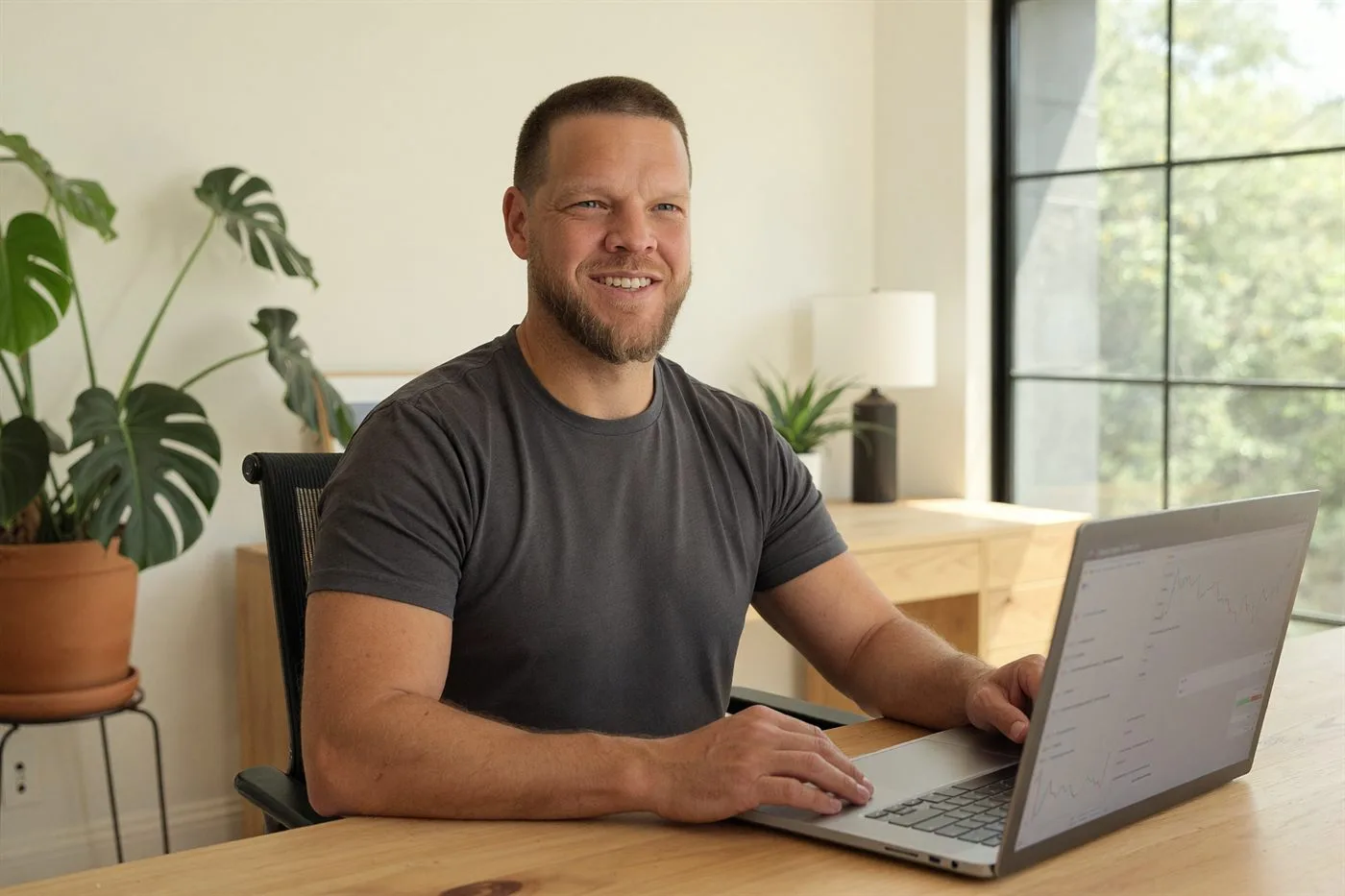 Mike Moore, founder of Strategic AI Architects, at his desk reviewing an analytics dashboard