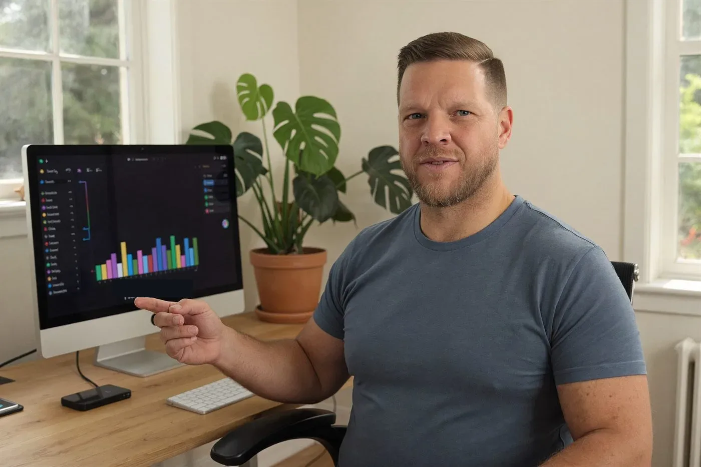 Mike Moore pointing at a Medicare star ratings distribution chart